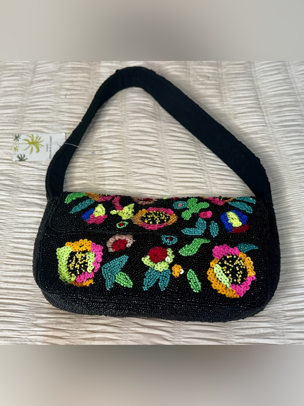 America and Beyond Beaded Floral Embroidered Black Shoulder Bag